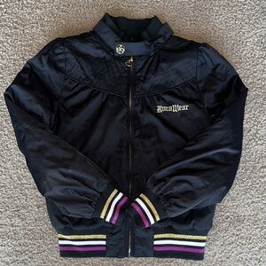 Rocawear Kids Black Puffer Jacket with Gold, Purple and White Stripes